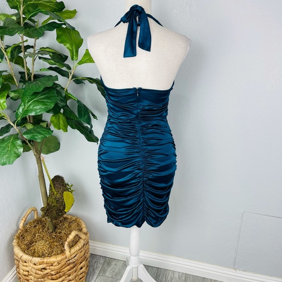LOVE TEASE BLUE TEAL BLING SCRUNCH MINI BODY CON HALTER TOP DRESS - Picture 4 of 6
